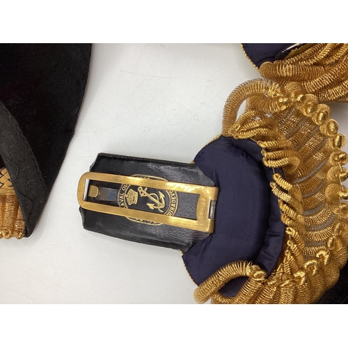 202 - Royal Navy Epaulettes and bicorn hat in velvet lined metal sea chest by Gieve Mathews and Seagrove L... 