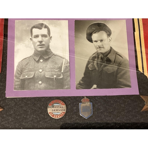 206 - A framed collection of First and Second World war Medals to the Akers family. WWI Trio, WWII Africa ... 