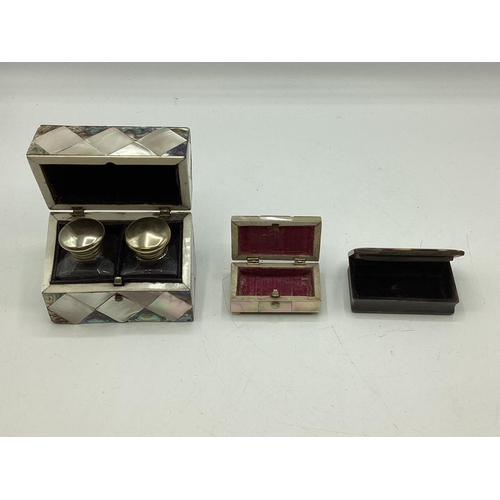 30 - A mother of pearl and abalone shell dressing table double scent bottle case together with a similar ... 