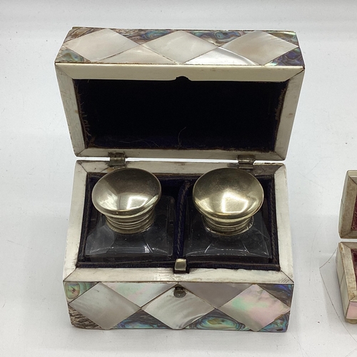 30 - A mother of pearl and abalone shell dressing table double scent bottle case together with a similar ... 