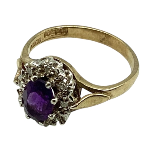 5 - A 9ct gold amethyst and diamond ring. Central oval free cut amethyst with a surround of single cut d... 