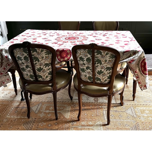 648 - A good set of 4 french cabriole style armchairs, with brass studded and button seated green leather ... 