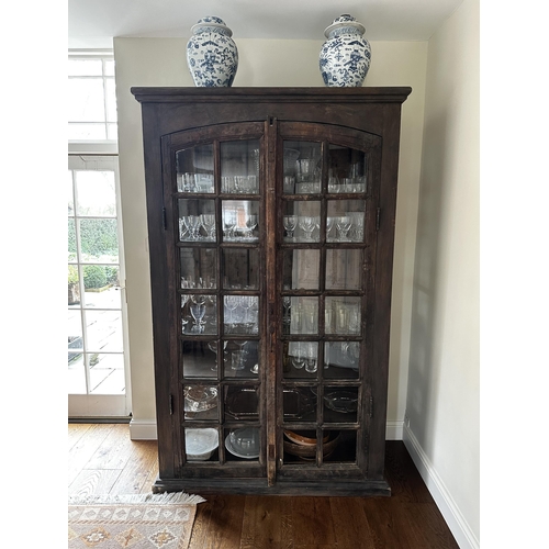 663 - Antique continental stained pine and oak glazed cabinet, wooden and glass shelves 222 cm H x 139 cm ... 