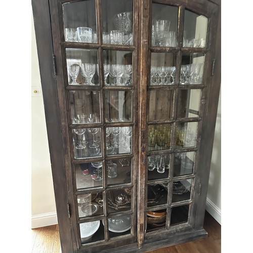 663 - Antique continental stained pine and oak glazed cabinet, wooden and glass shelves 222 cm H x 139 cm ... 