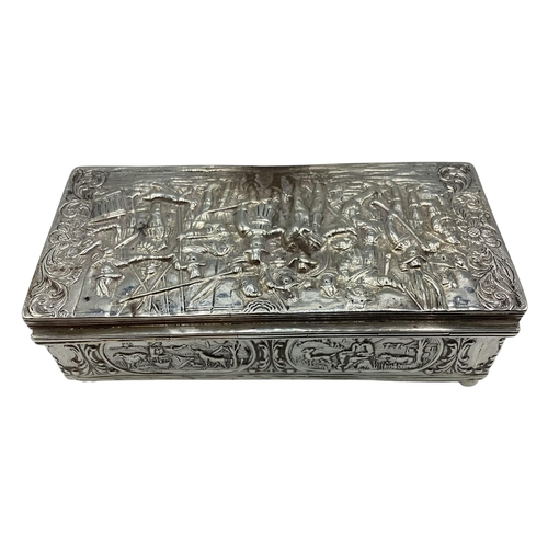 89 - A sterling silver jewellery casket with repousse scene of 17th century gentleman and countryside sce... 