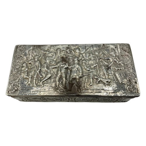 89 - A sterling silver jewellery casket with repousse scene of 17th century gentleman and countryside sce... 