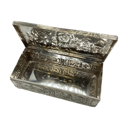 89 - A sterling silver jewellery casket with repousse scene of 17th century gentleman and countryside sce... 