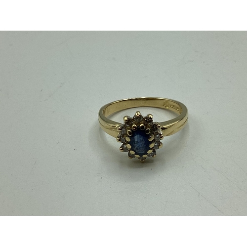 91 - A 18ct gold sapphire and diamond ring. Central oval free cut sapphire with a surround of 12 single c... 