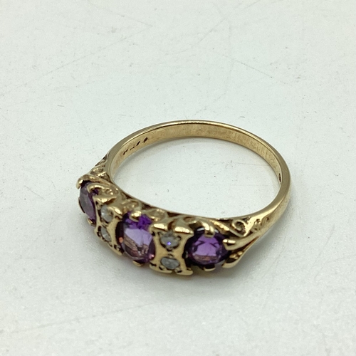 96 - A 9ct gold amethyst and diamond ring . Three oval free cut amethysts with single cut diamond accents... 