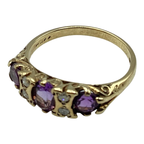 96 - A 9ct gold amethyst and diamond ring . Three oval free cut amethysts with single cut diamond accents... 