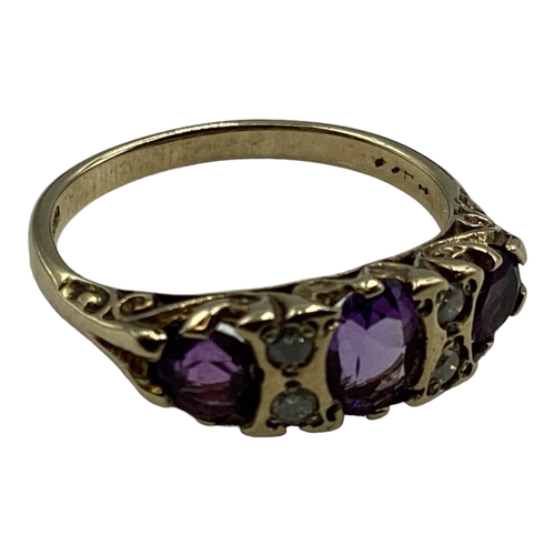 96 - A 9ct gold amethyst and diamond ring . Three oval free cut amethysts with single cut diamond accents... 