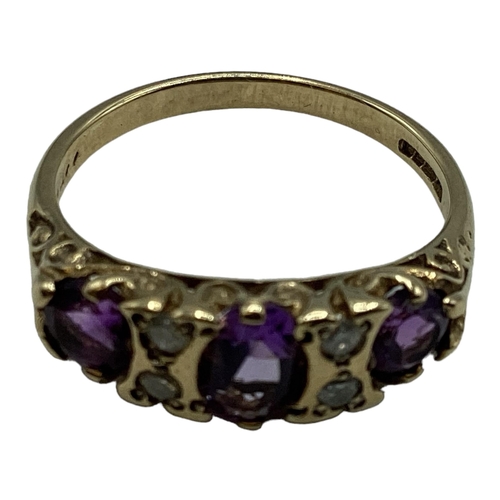 96 - A 9ct gold amethyst and diamond ring . Three oval free cut amethysts with single cut diamond accents... 