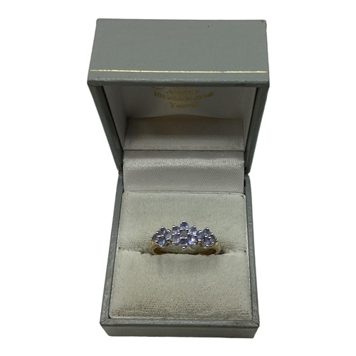 98 - A 9ct gold and tanzanite cluster ring. Size T. 2.4g.