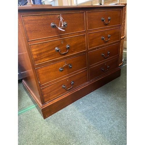 592 - Mahogany filing cabinet with four drawers all with hangers.  Drawers all slide properly. Keys presen... 