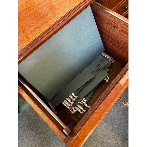 592 - Mahogany filing cabinet with four drawers all with hangers.  Drawers all slide properly. Keys presen... 