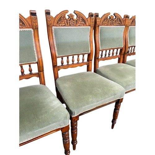 591 - Set of 6 Victorian carved beech dining chairs with green upholstered seat and back,  and a pink upho... 