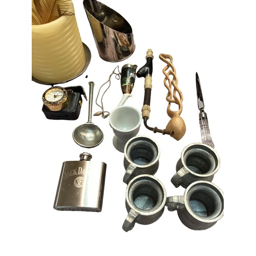 408 - A miscellaneous collection of items to include PRINZLUX binoculars candle holders, hip flask etc.