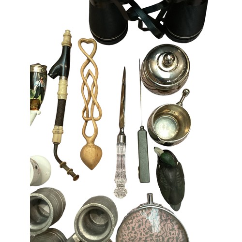 408 - A miscellaneous collection of items to include PRINZLUX binoculars candle holders, hip flask etc.