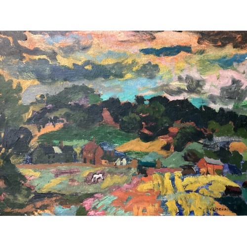 486 - VICTORIA LITTNA, C20th oil on canvas, abstract countryside scene of animals and farmhouse in wooded ... 