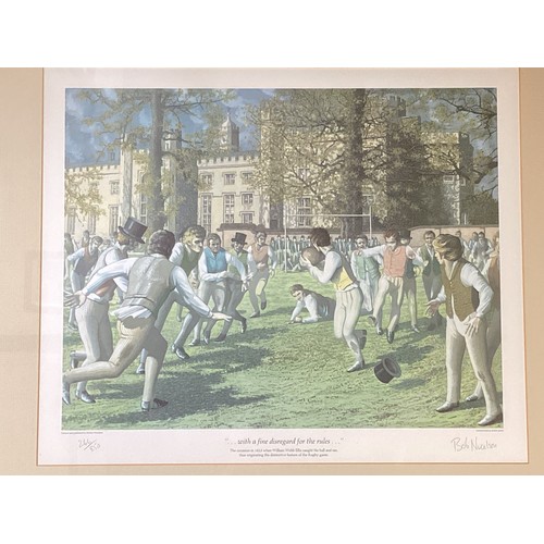 498 - Four framed and glazed prints: to include  Bob Nicholson sporting prints of cricket and rugby,  sign... 