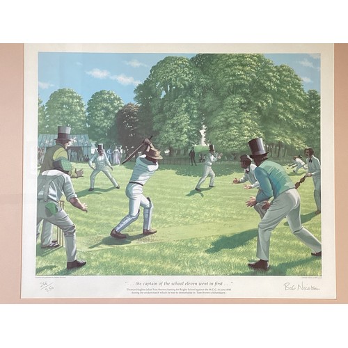 498 - Four framed and glazed prints: to include  Bob Nicholson sporting prints of cricket and rugby,  sign... 