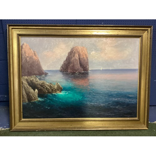 487 - A large gilt framed oil on canvas, coastal scene with sailing boats on the horizon, signed lower rig... 