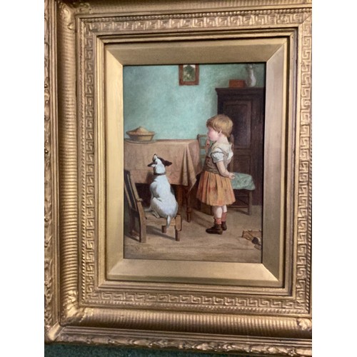 490 - An oil on canvas, of a child and dog looking at a home made pie , in a large gilt recessed and reede... 