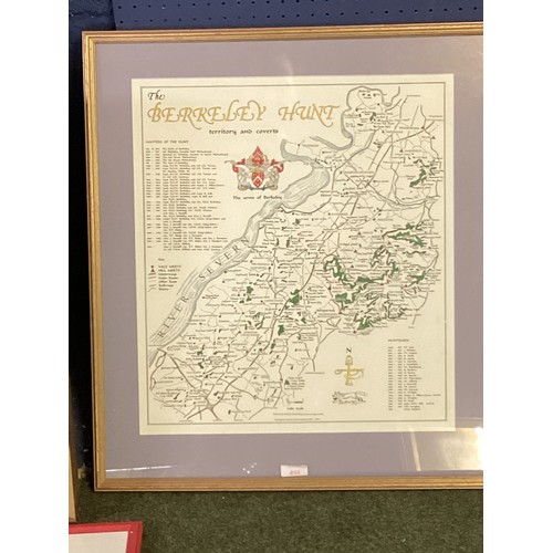 494 - A quantity of sporting prints to include a framed and glazed map of the Berkeley Hunt country