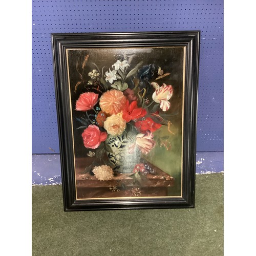 495 - A modern, decorative,  oil on board, still life, in the Dutch Old Masters style, in black and gilt f... 