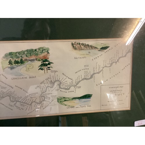 513 - A gilt framed and glazed and mounted fishermans map of the Salmon Pools on the  RIVER SPEY, 39.5 x 9... 