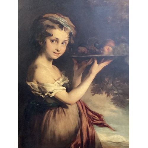 481 - A large C19th gilt framed oil painting of a girl holding a plate of fruit, 90 x 68cm, one gilt frame... 