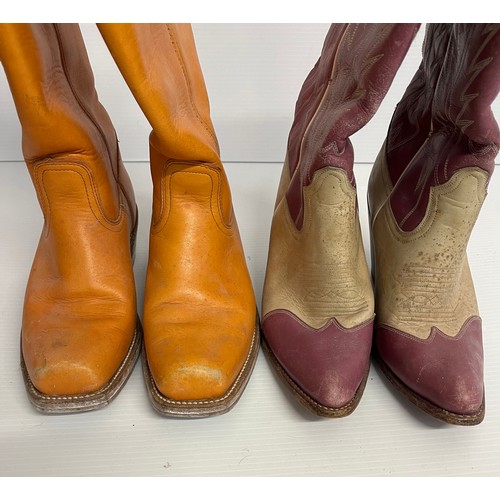 260 - Two pairs of vintage boots: A cream and purple  original from Texas Cow boy boots, in used condition... 