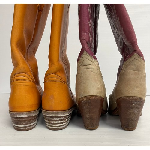 260 - Two pairs of vintage boots: A cream and purple  original from Texas Cow boy boots, in used condition... 