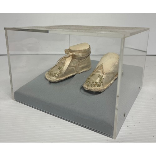 290 - plastic cased vintage baby boot/christening shoe , in used and worn condition, see images