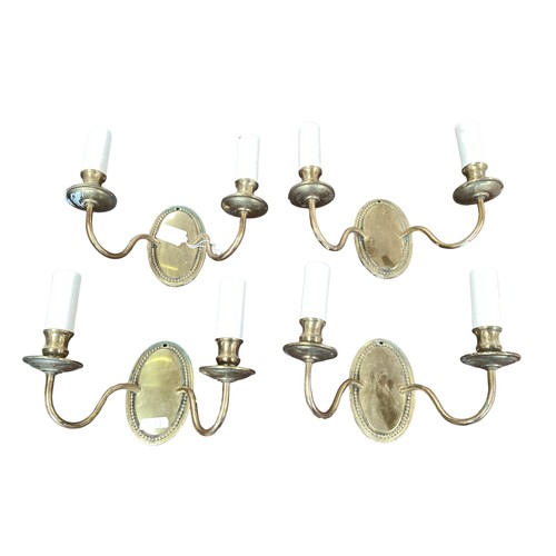 359 - A six panel brass and glass hanging hall lantern, and three brass twin branch wall sconces with cent... 