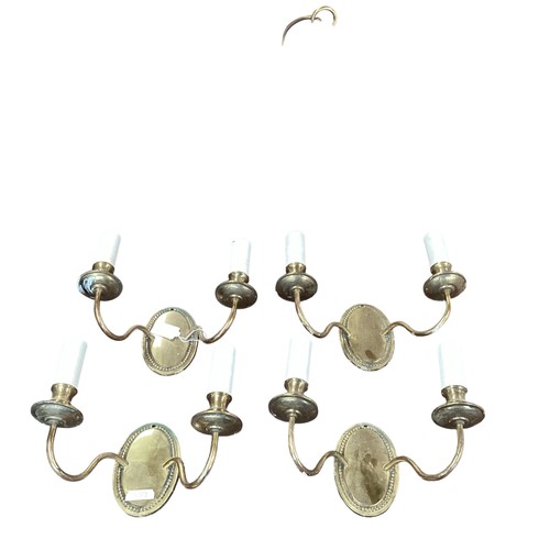 359 - A six panel brass and glass hanging hall lantern, and three brass twin branch wall sconces with cent... 