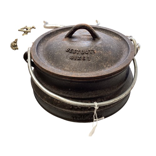 358 - A quantity  of brass items to include a beaten copper cauldron on three legs with makes stamp to bas... 