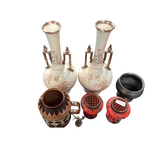 374 - A mixed collection of items to include a pair of DevonWare blush vases and other items.