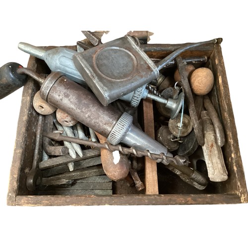 357 - A wooden hinged tool box, containing an assortment of various and old tools, see images