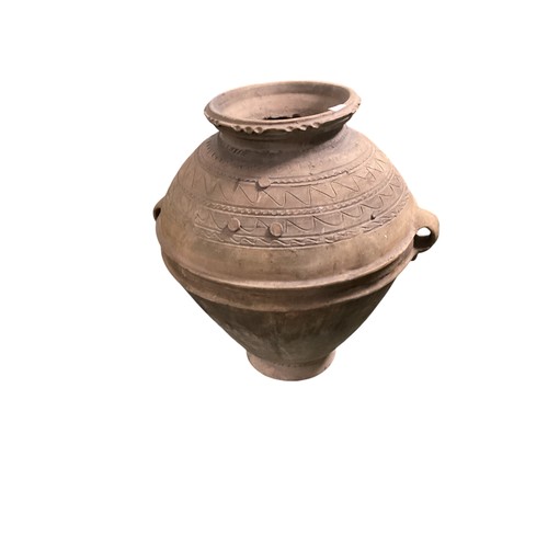 541 - A large bulbous teracotta olive pot /garden urn with two handles and etched decoration, rustic and r... 