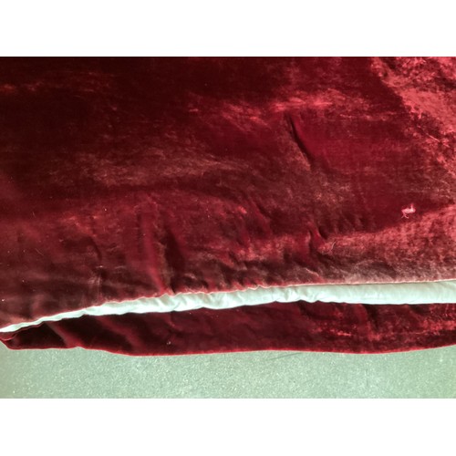 160 - One pair of red velvet lined curtains, with net curtains edged in red velvet, one curtain is 230 dro... 