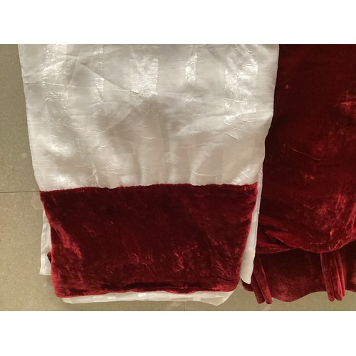 160 - One pair of red velvet lined curtains, with net curtains edged in red velvet, one curtain is 230 dro... 