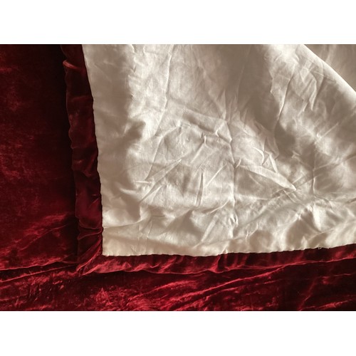 160 - One pair of red velvet lined curtains, with net curtains edged in red velvet, one curtain is 230 dro... 