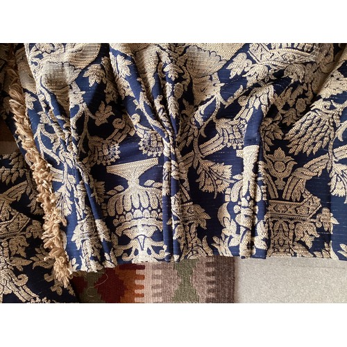 164 - Sets of curtains, lined,  fabric pattern of blue and gold design, some fading and wear, buy as seen.... 