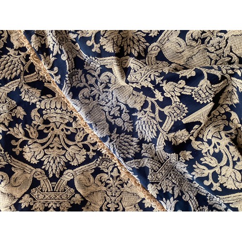 164 - Sets of curtains, lined,  fabric pattern of blue and gold design, some fading and wear, buy as seen.... 