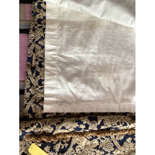 164 - Sets of curtains, lined,  fabric pattern of blue and gold design, some fading and wear, buy as seen.... 