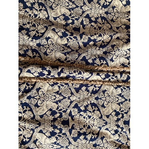 164 - Sets of curtains, lined,  fabric pattern of blue and gold design, some fading and wear, buy as seen.... 