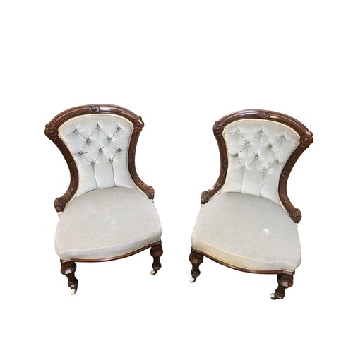 670 - Pair of walnut framed Victorian nursing chairs and a Victorian button back sofa with matching uphols... 