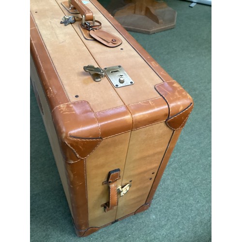 177 - Luggage: A large brown leather and canvas travel cabin trunk with fitted interior and keys, 90cm Wid... 