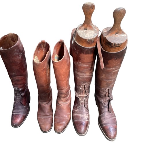 183 - Five pairs of brown leather boots, some polo, some hunting, some military, including a pair of two l... 